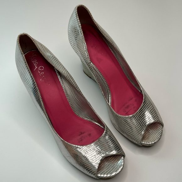 Lilly Pulitzer Shoes - Lilly Pulitzer Silver Metallic Resort Chic Peep Toe Wedge Size 8.5
